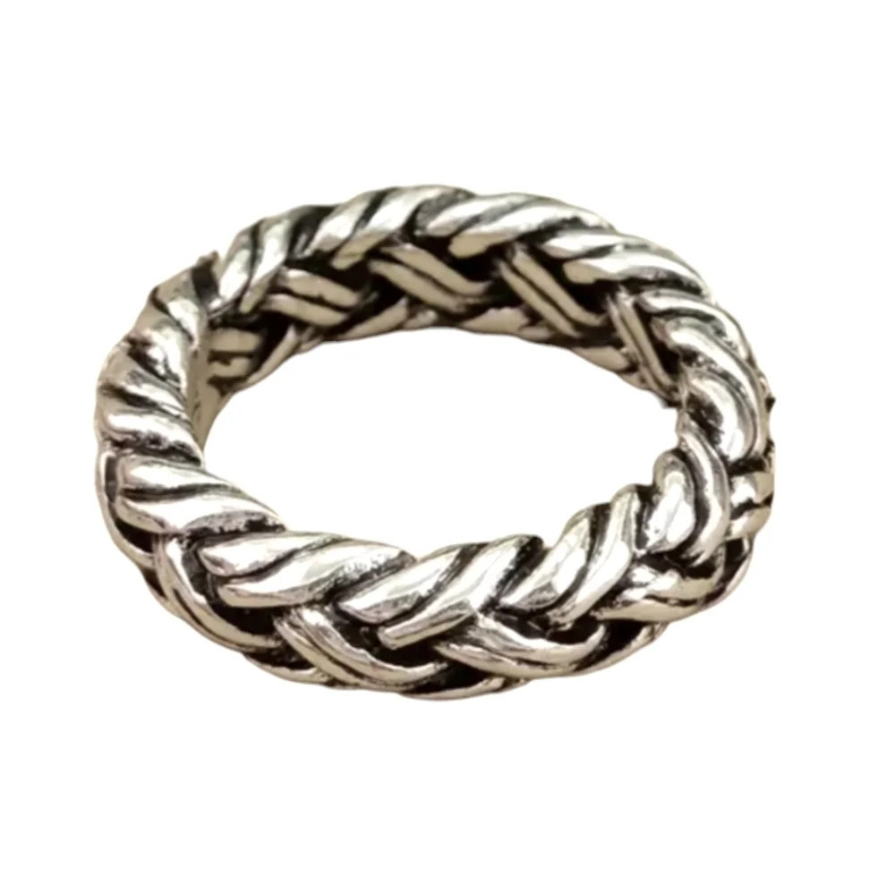 Silver color metal woven braided design ring vintage look, US 6